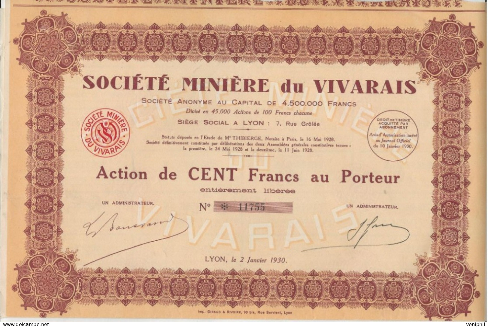 SOCIETE MINIERE DU VIVARAIS - ACTION DE CENT FRANCS - ANNEE 1930 - Miniere
