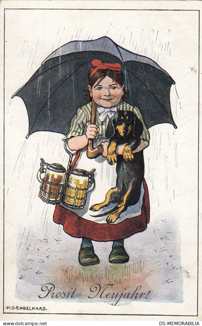 Dackel Teckel Bassotto Dachshund Dog & Beer Woman W Umbrella Old Postcard Signed P.O.Engelhard - Engelhard, P.O. (P.O.E.)