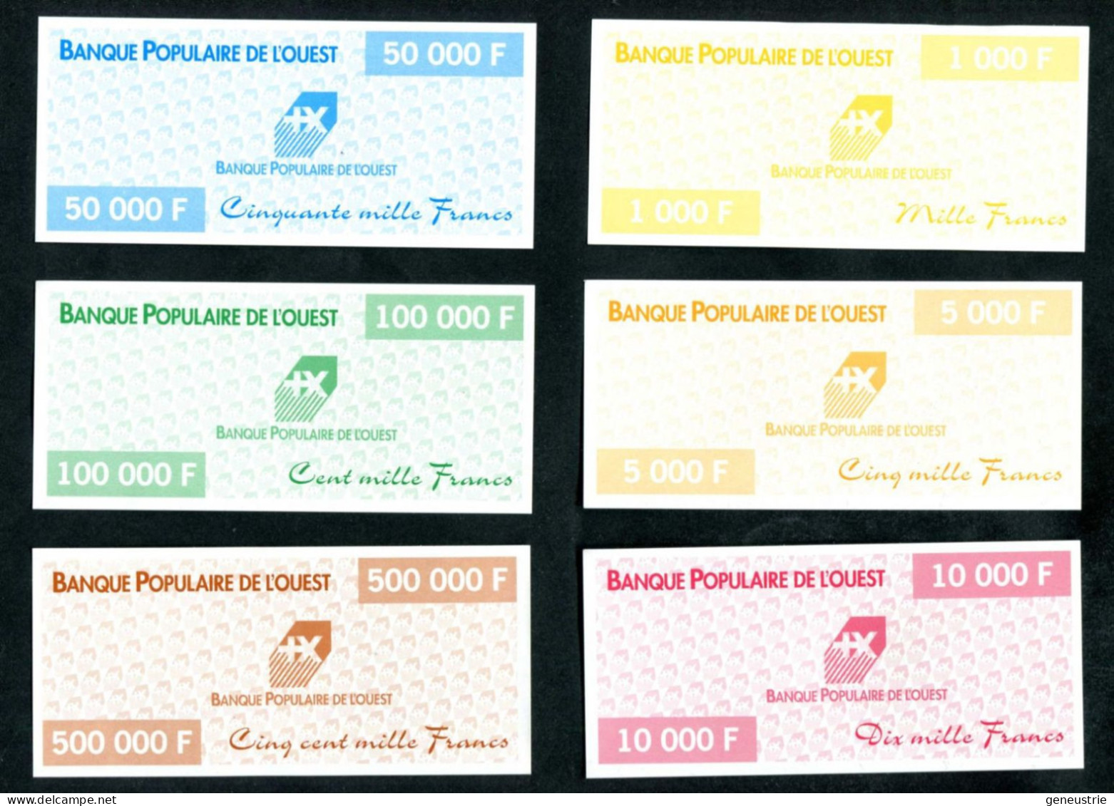 Série De 6 Billets Fictifs (de Jeu ?) "Banque Populaire De L'Ouest" à Déterminer - Billet Fantaisie - Specimen