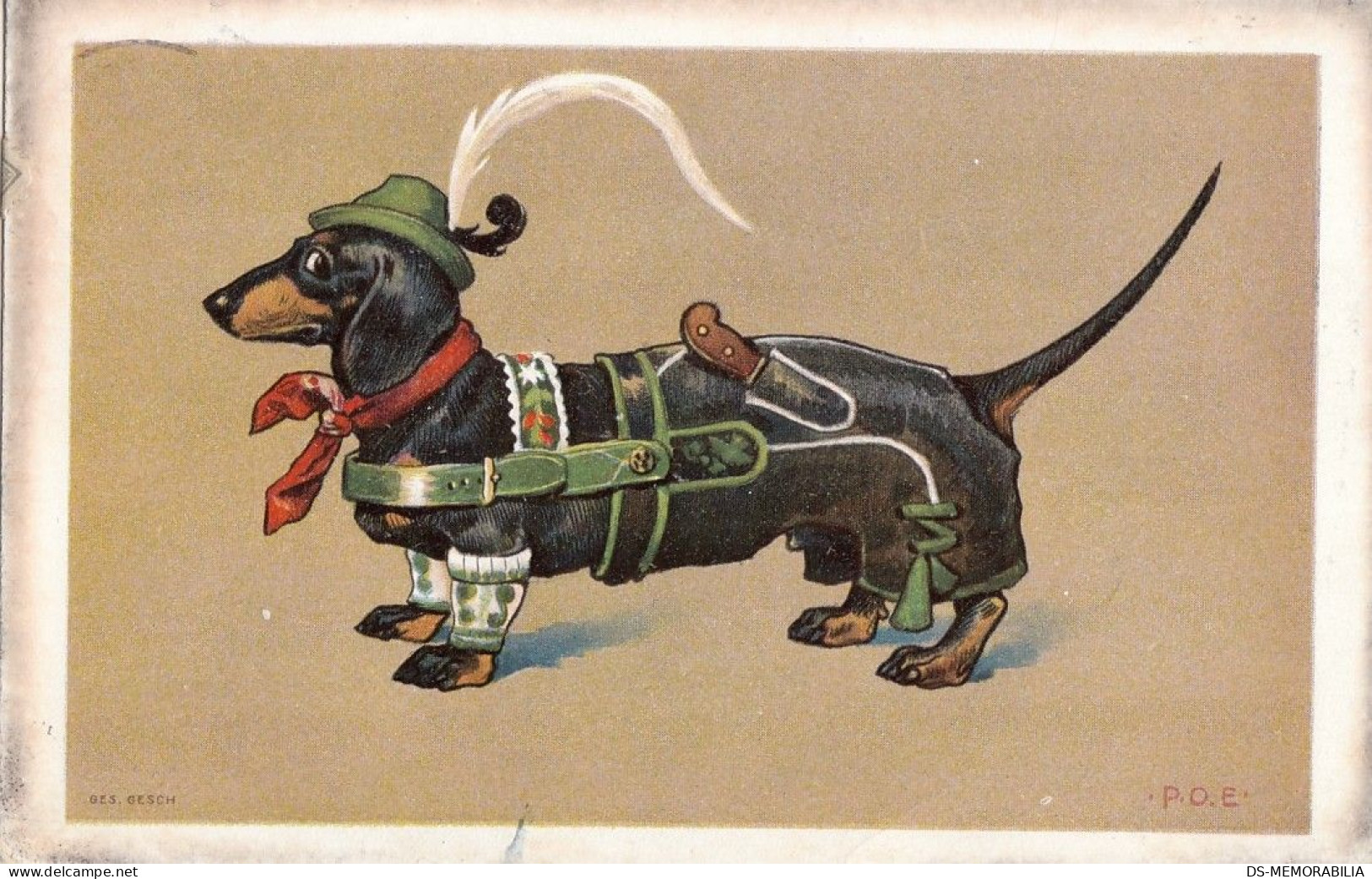 Dackel Teckel Bassotto Dachshund Dog Dressed Like A Hunter Old Postcard Signed P.O.Engelhard - Engelhard, P.O. (P.O.E.)