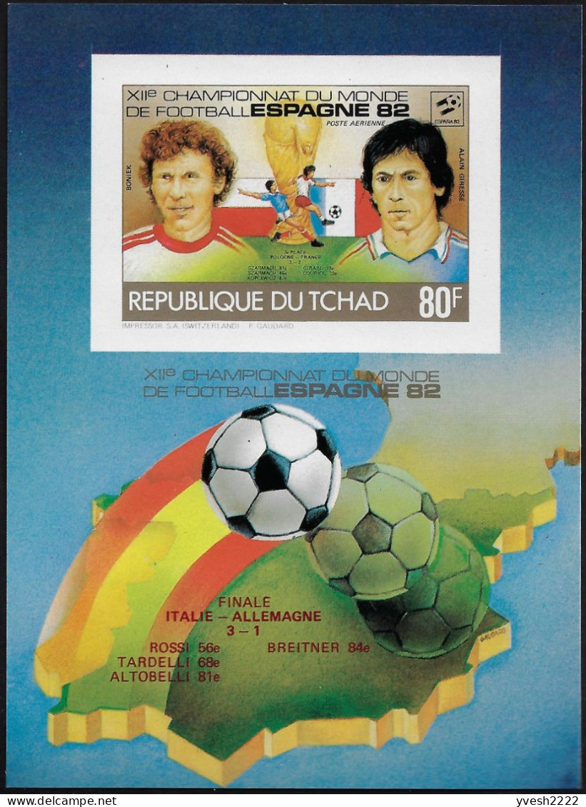 Tchad 1982 Y&T 399E à 399H, PA 246D et 246E sur feuillets de luxe. Coupe du monde de football en Espagne