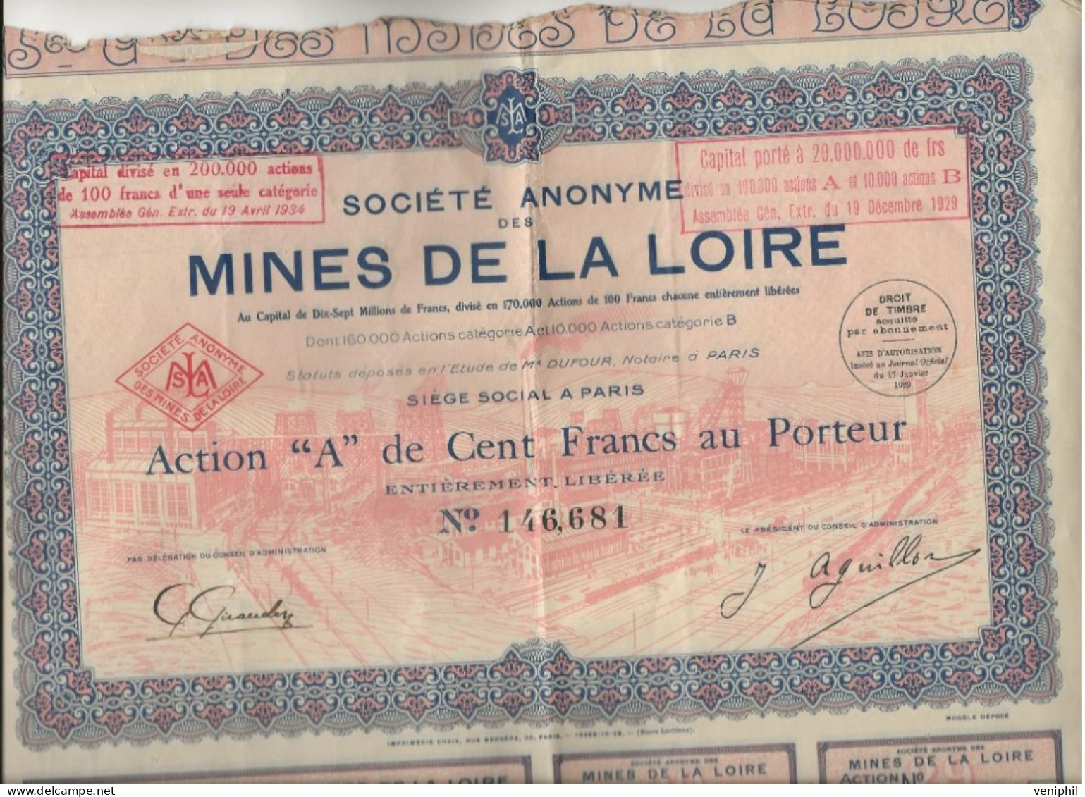 SOCIETE MINES DE LA LOIRE  - LOT DE 3 ACTIONS "A" DE CENT FRANCS - ANNEE 1929 - Mijnen