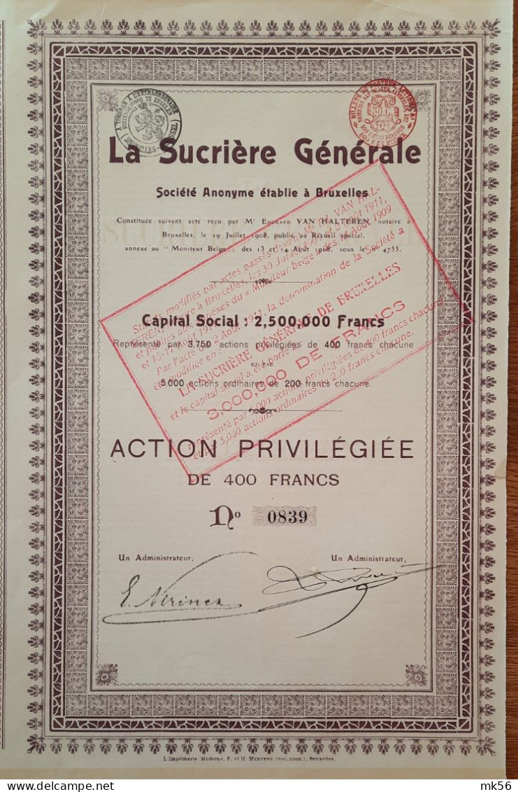 La Sucrière Générale De Bruxelles - Action Priviligiée - 1908 - Agricoltura