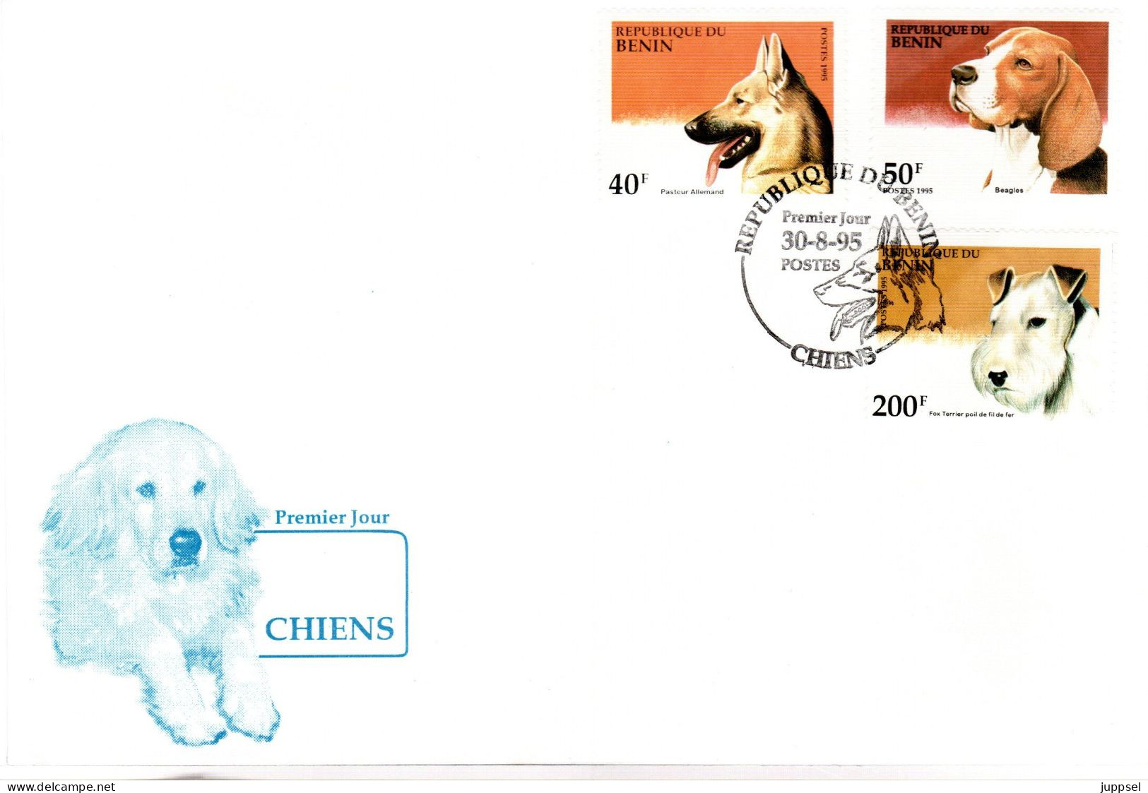 FDC BENIN,  Sheepdog     /   Lettre De Première Jour, Pasteur Allemand, Beagles, Fox Terrierpoil De Fil De Fer     1995 - Honden