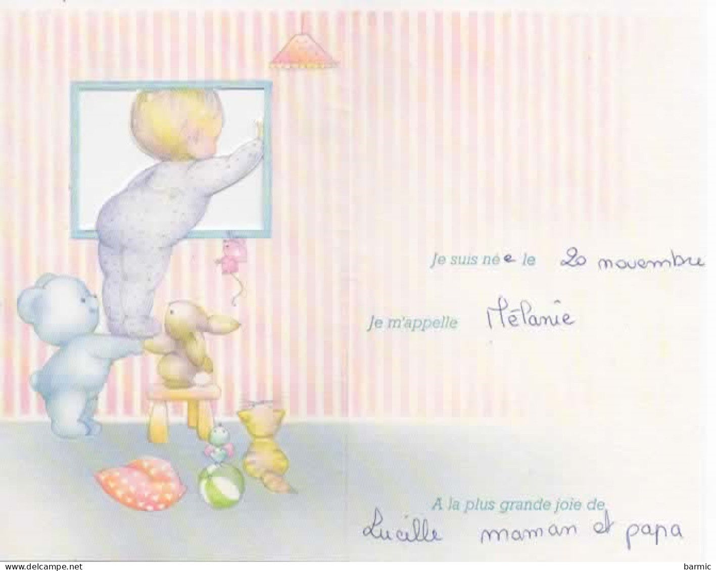 FAIRE PART DE NAISSANCE, MELANIE NEE LE 20 NOVEMBRE, PETITE FILLE FAISANT COUCOU PAR LA FENETRE   COULEUR REF 15051 - Naissance & Baptême