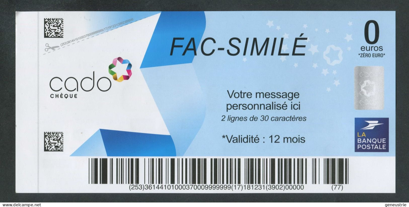 Fac-Similé "Chèque Cado De 0€ - La Banque Postale" Chèque Cadeau De Zéro Euro - La Poste - Ficción & Especímenes