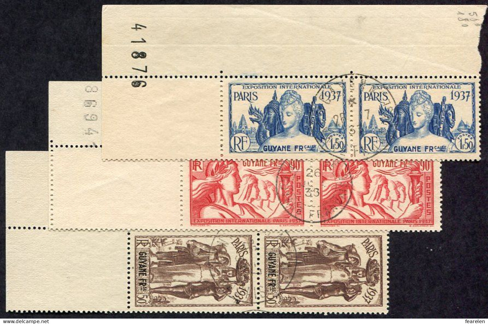 Colonie Française, Guyane N°143/8 Oblitérés En Paires Et Coins De Feuille Numérotés - Used Stamps
