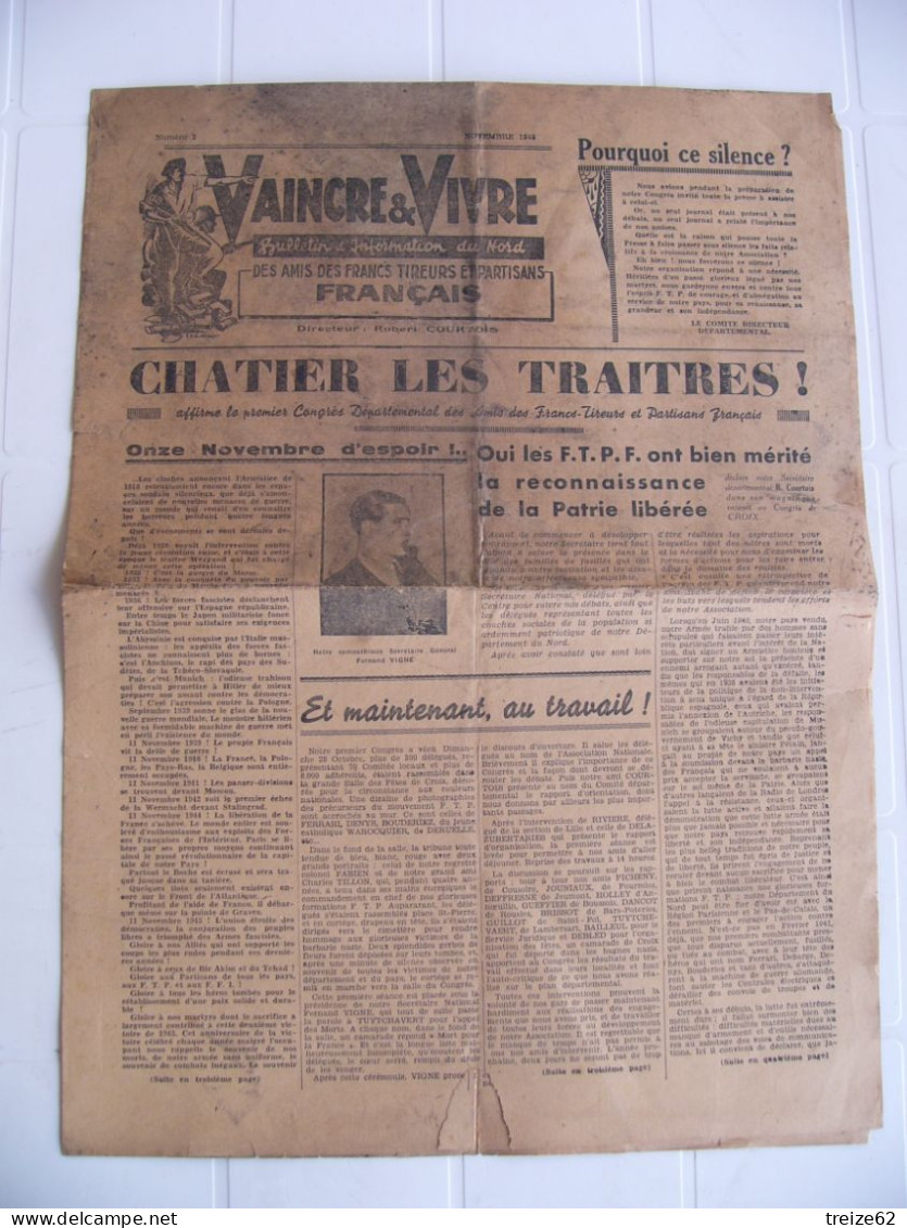 VAINCRE & VIVRE Bulletin D'information Du Nord Des Amis Des Francs Tireurs Et Partisans Français Novembre 1945 - 1939-45