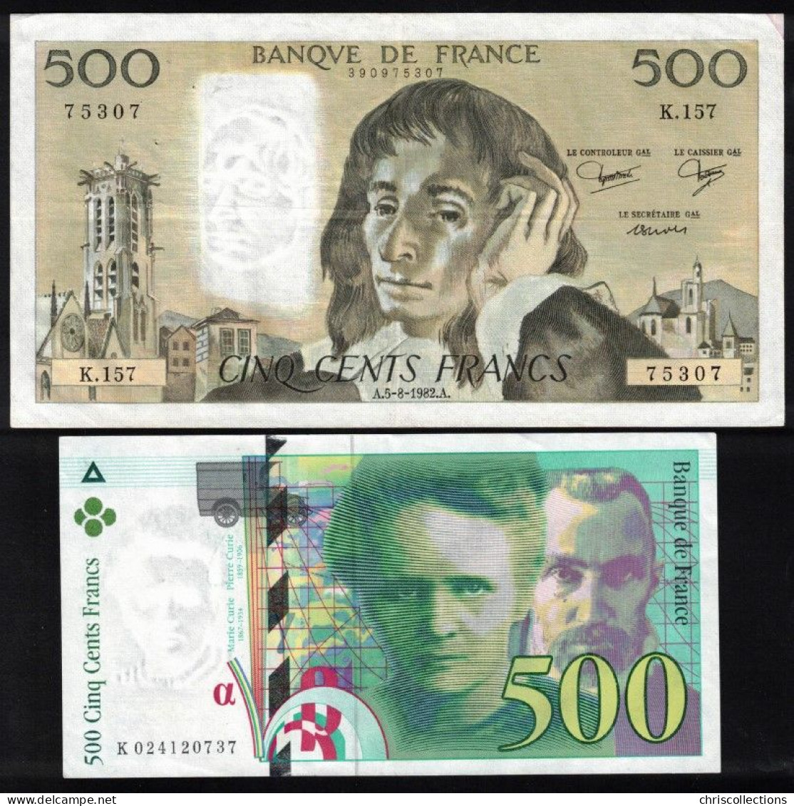 FRANCE - Lot De 2 Billets Français - 500 F Pascal ; 5.8.1982 ; TTB - 500 F Curie ;  1994 ; SUP - Non Classés