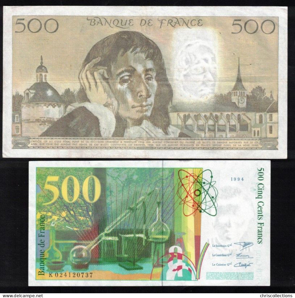 FRANCE - Lot De 2 Billets Français - 500 F Pascal ; 5.8.1982 ; TTB - 500 F Curie ;  1994 ; SUP - Ohne Zuordnung