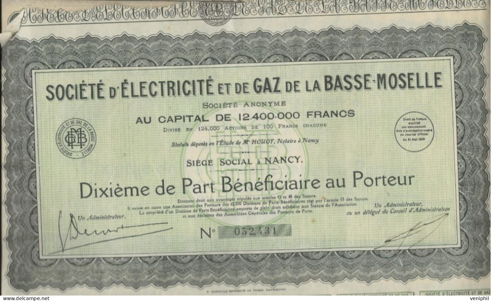 SOCIETE D'ELECTRICITE ET DE GAZ DE LA BASSE -MOSELLE -LOT DE 3 ACTIONS -DIXIEME DE PART BENEFICIAIRE ANNEE 1925 - Electricité & Gaz