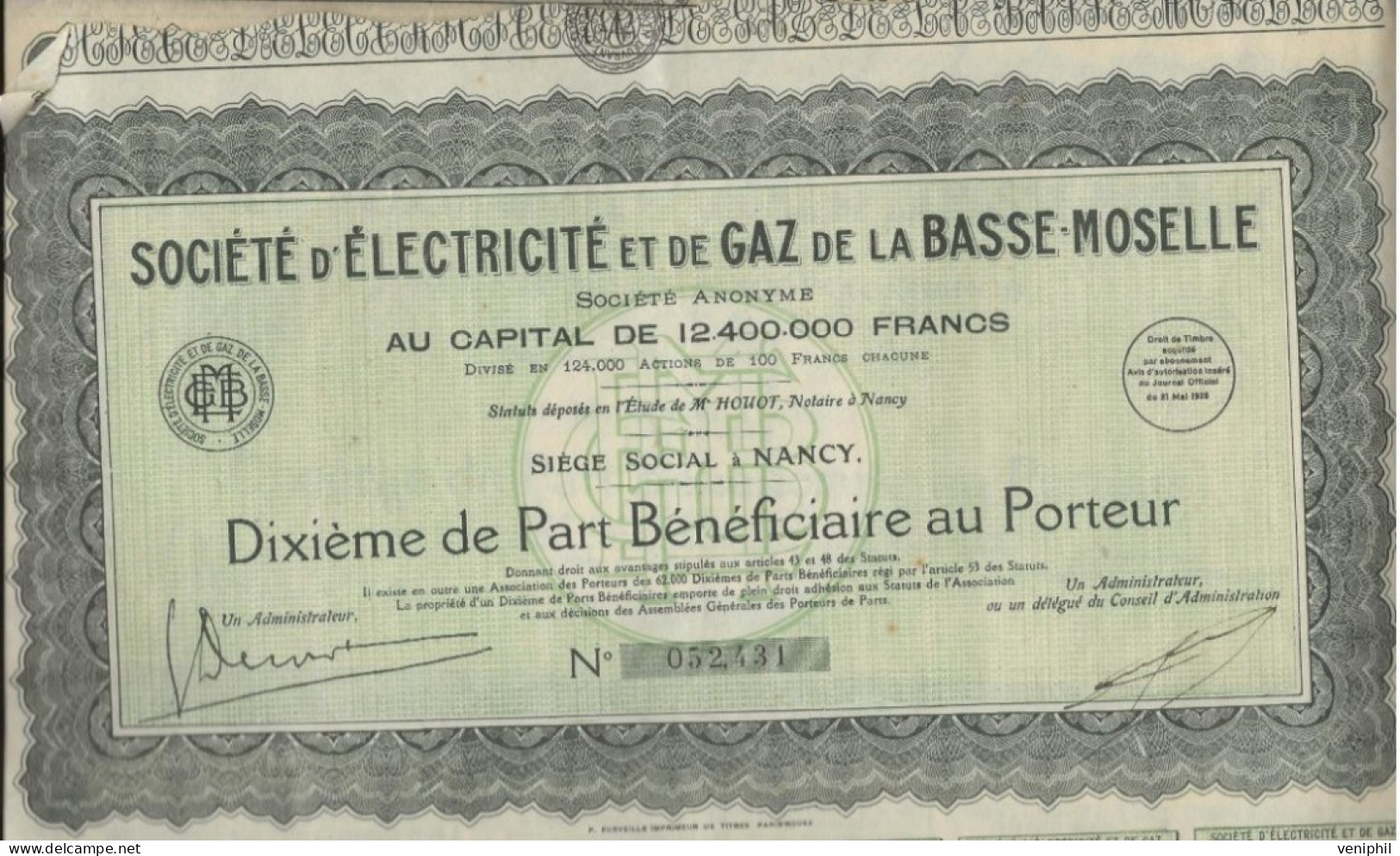 SOCIETE D'ELECTRICITE ET DE GAZ DE LA BASSE -MOSELLE -LOT DE 3 ACTIONS -DIXIEME DE PART BENEFICIAIRE ANNEE 1925 - Electricidad & Gas