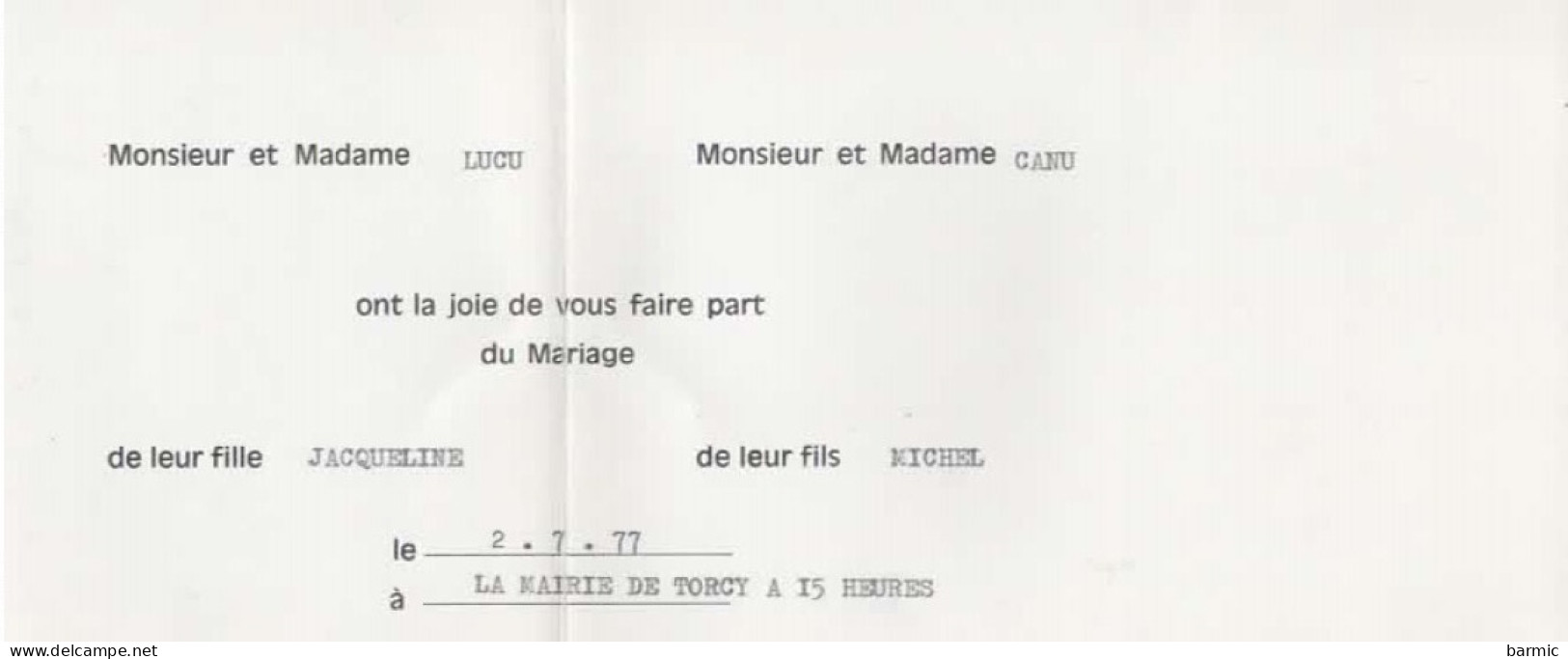 FAIRE PART DE MARIAGE, JACQUELINE ET MICHEL LE  2/7/1977   COULEUR REF 15055 - Mariage