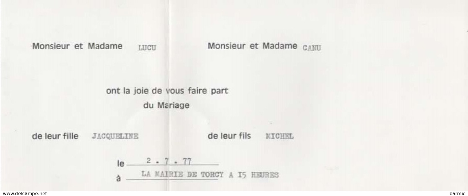 FAIRE PART DE MARIAGE, JACQUELINE ET MICHEL LE  2/7/1977   COULEUR REF 15055 - Boda