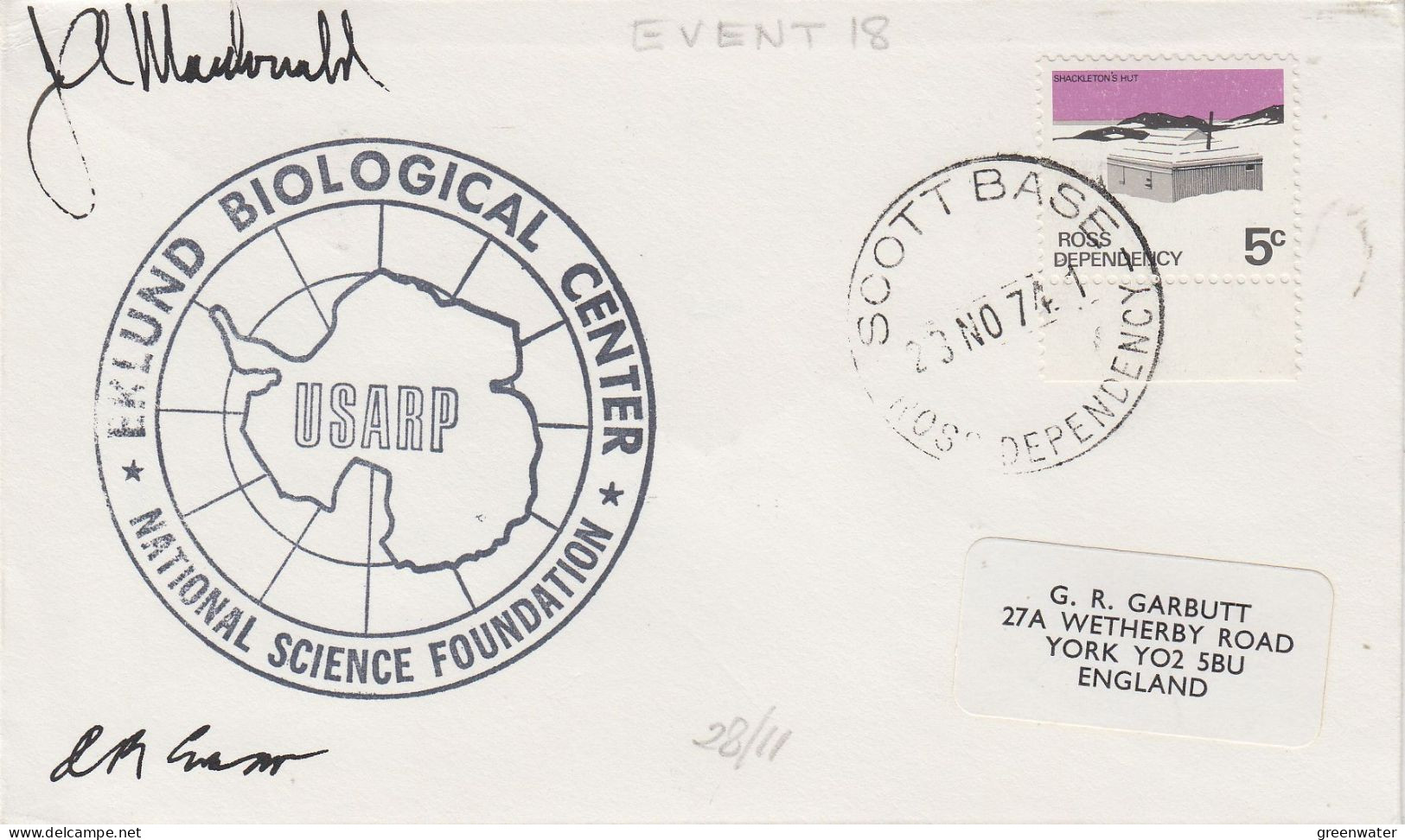 Ross Dependency Eklund Biological Center 2 Signatures Ca Scott Base 28 NOV 1974 (SO162) - Lettres & Documents
