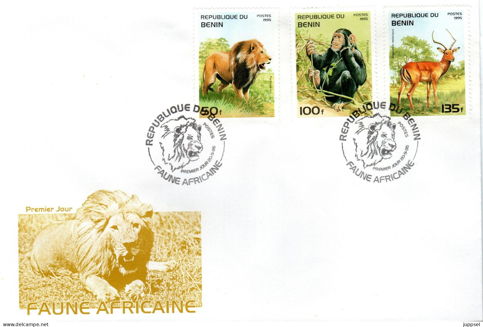 FDC BENIN, Lion, Ape, Gazelle   /    Lettre De Première Jour, Lion, Singe   1995 - Game