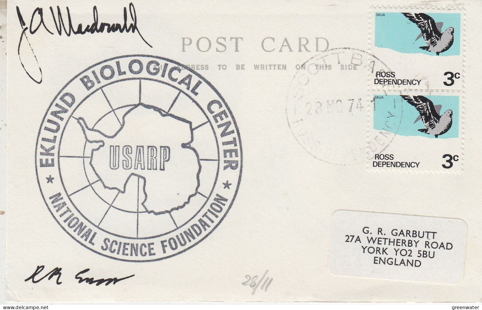 Ross Dependency Eklund Biological Center 2 Signatures Ca Scott Base 28 NOV 1974 (SO163) - Cartas & Documentos