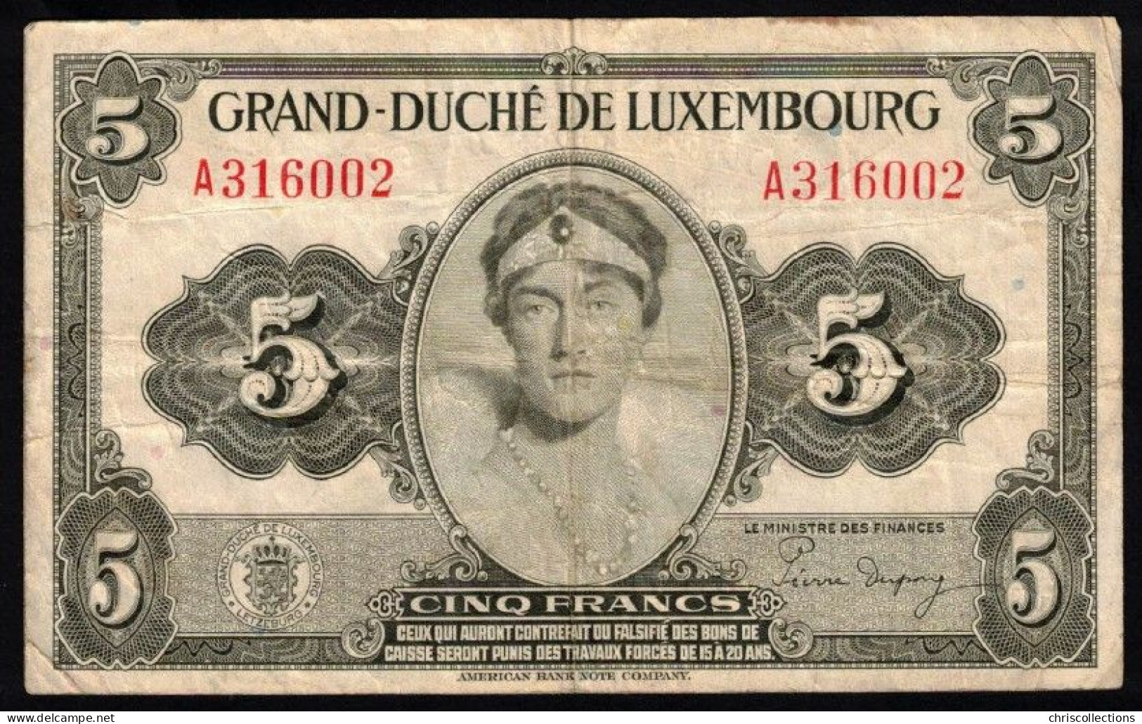 LUXEMBOURG - 5 F 1944 - Pick : 43 - Luxembourg