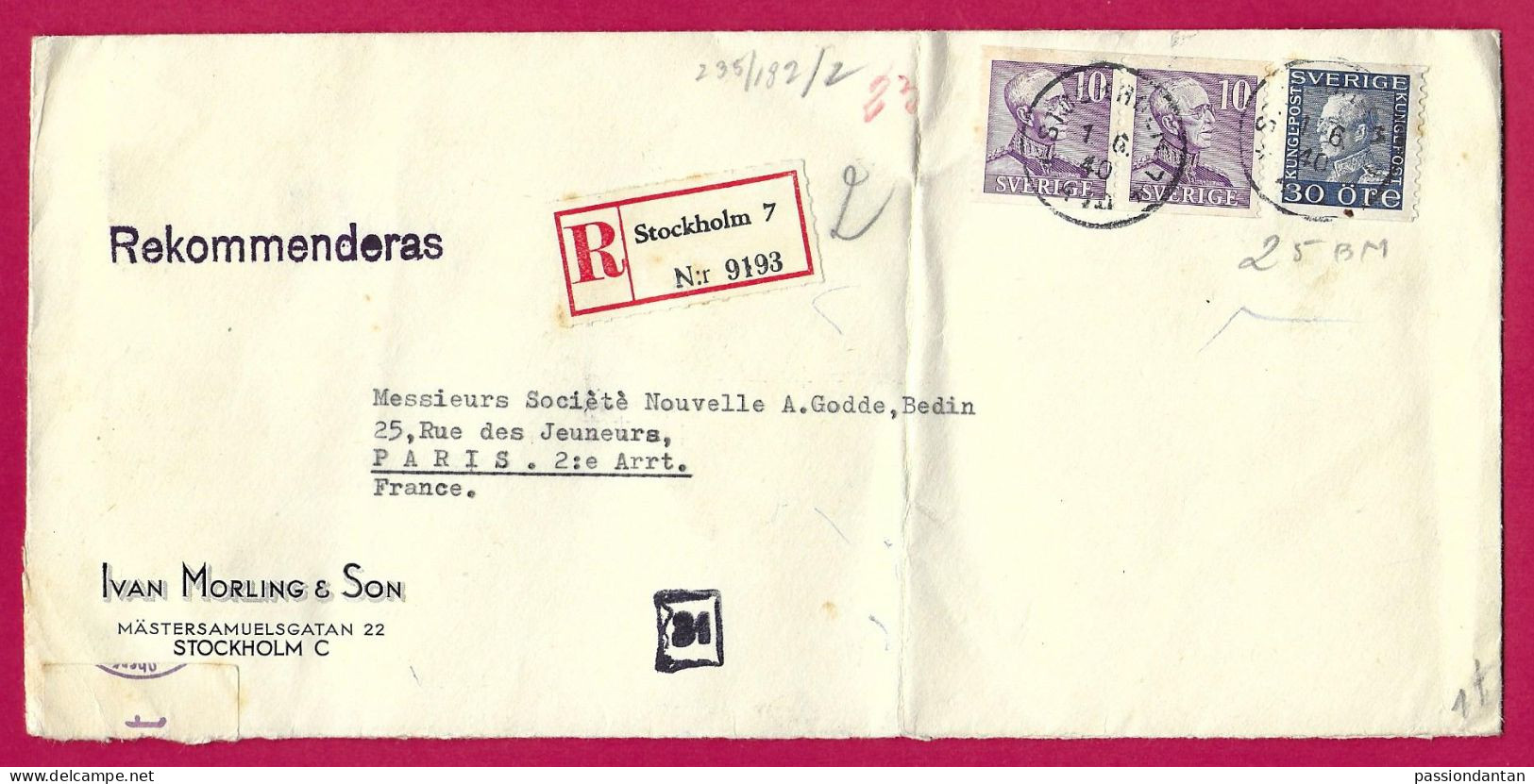 Enveloppe Recommandée Avec Censure Allemande - Voyagée De Stockholm En Suède à Destination De Paris En France - Other & Unclassified
