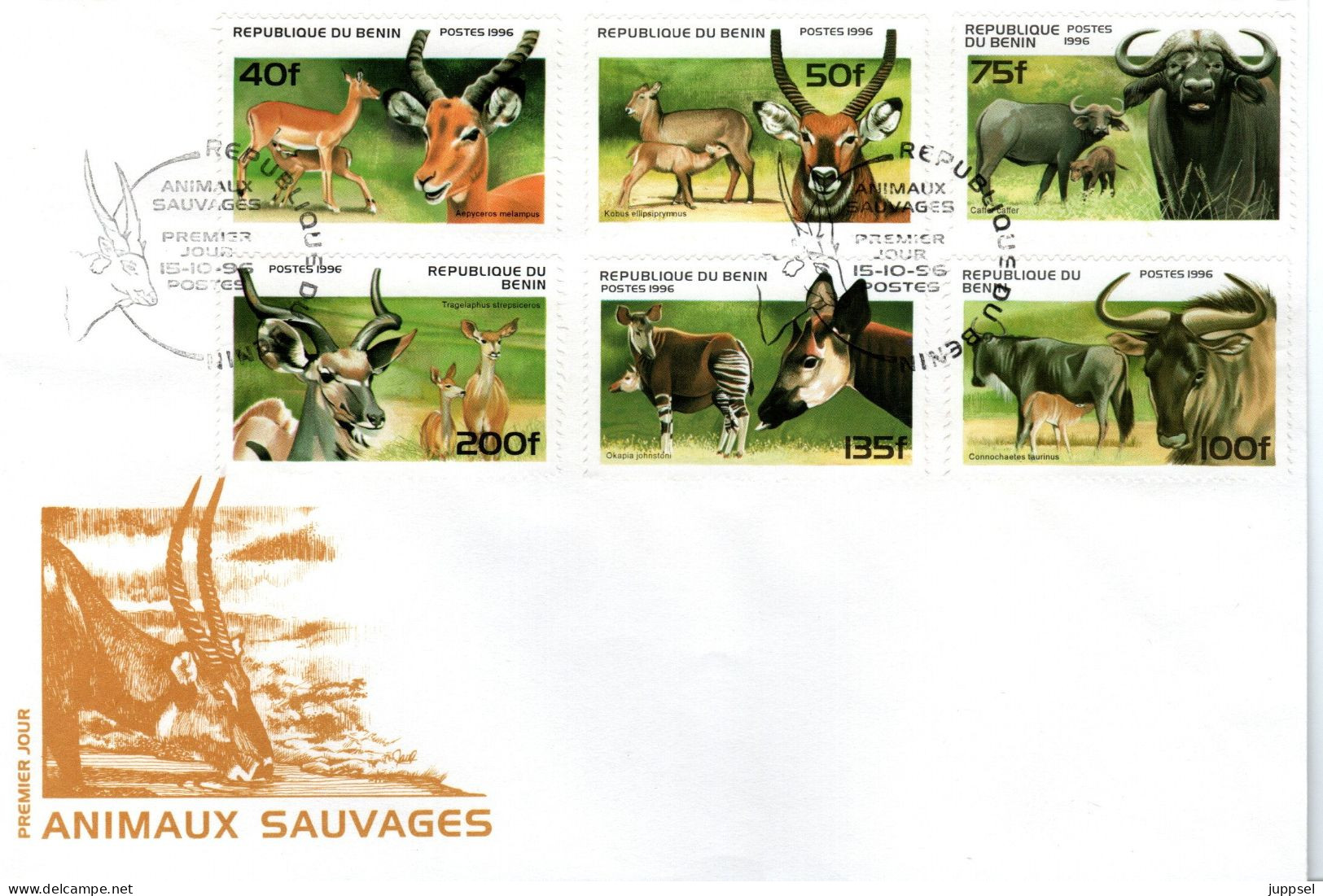 FDC BENIN, Buffalo, Antelope, Okapi   /    Lettre De Première Jour, Buffle, Antilope, Okapi  1996 - Animalez De Caza