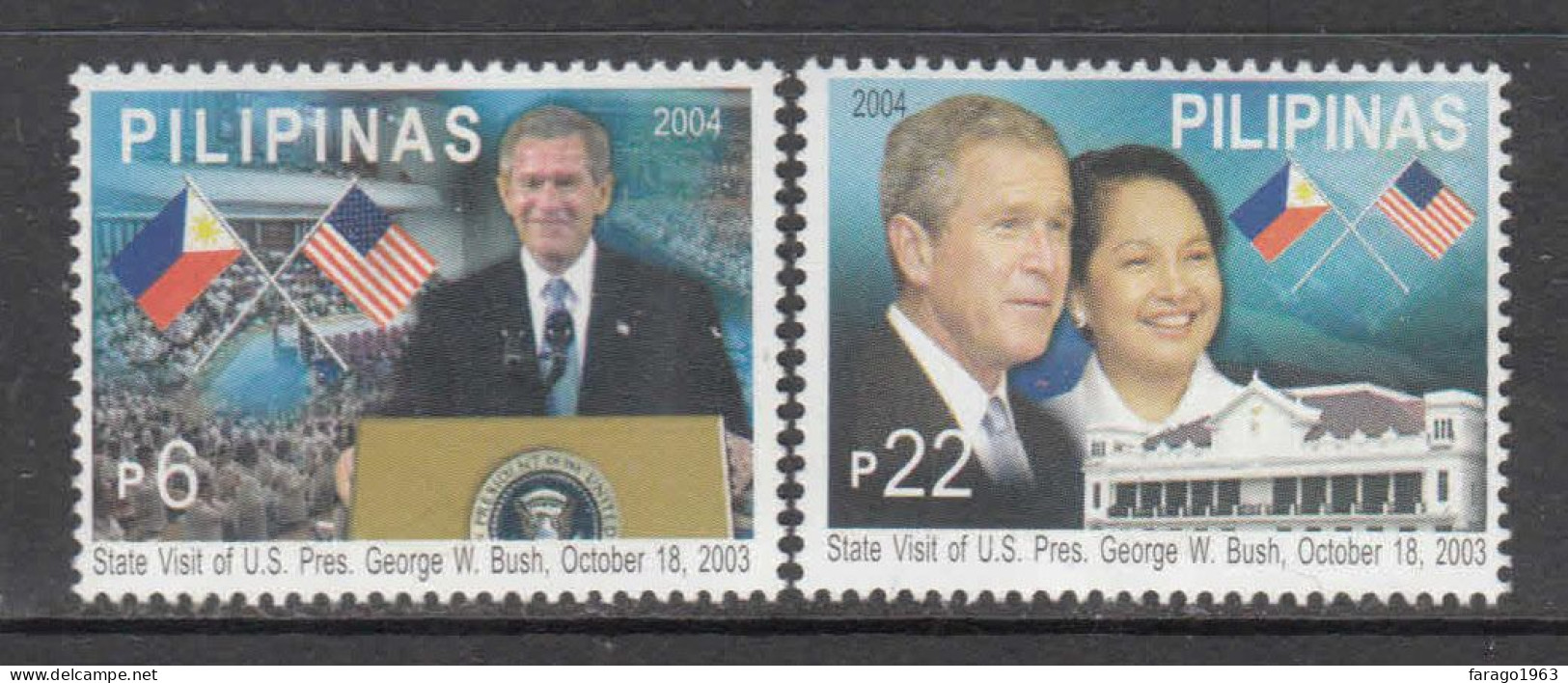 2004 Philippines USA President George W. Bush Flags Complete Set Of 2 MNH - Filippine