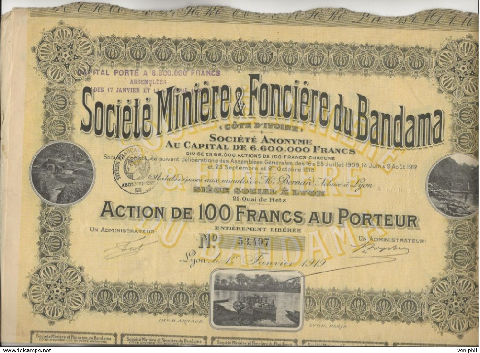 SOCIETEMINIERE ET FONCIERE DU BANDAMA - LOT DE4 ACTIONS DE 100 FRS -ANNEE 1919 - Mineral