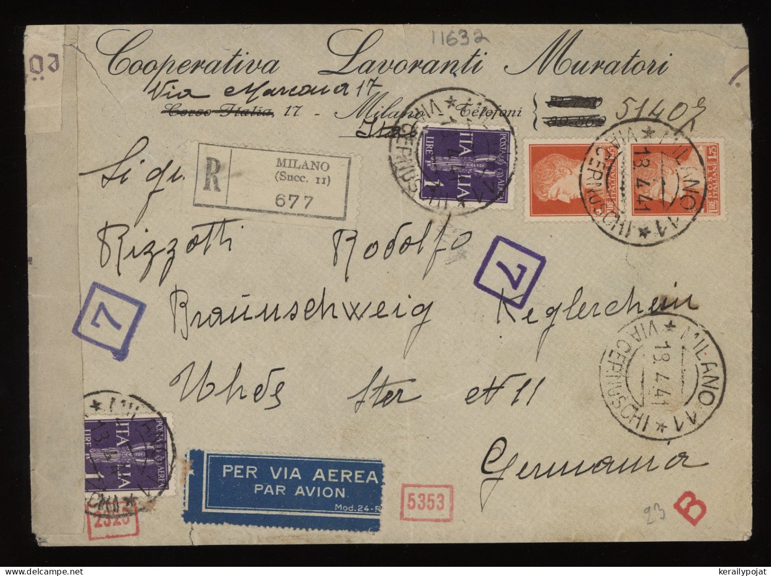 Italy 1941 Milano Censored Air Mail Cover To Germany__(11632) - Poste Aérienne