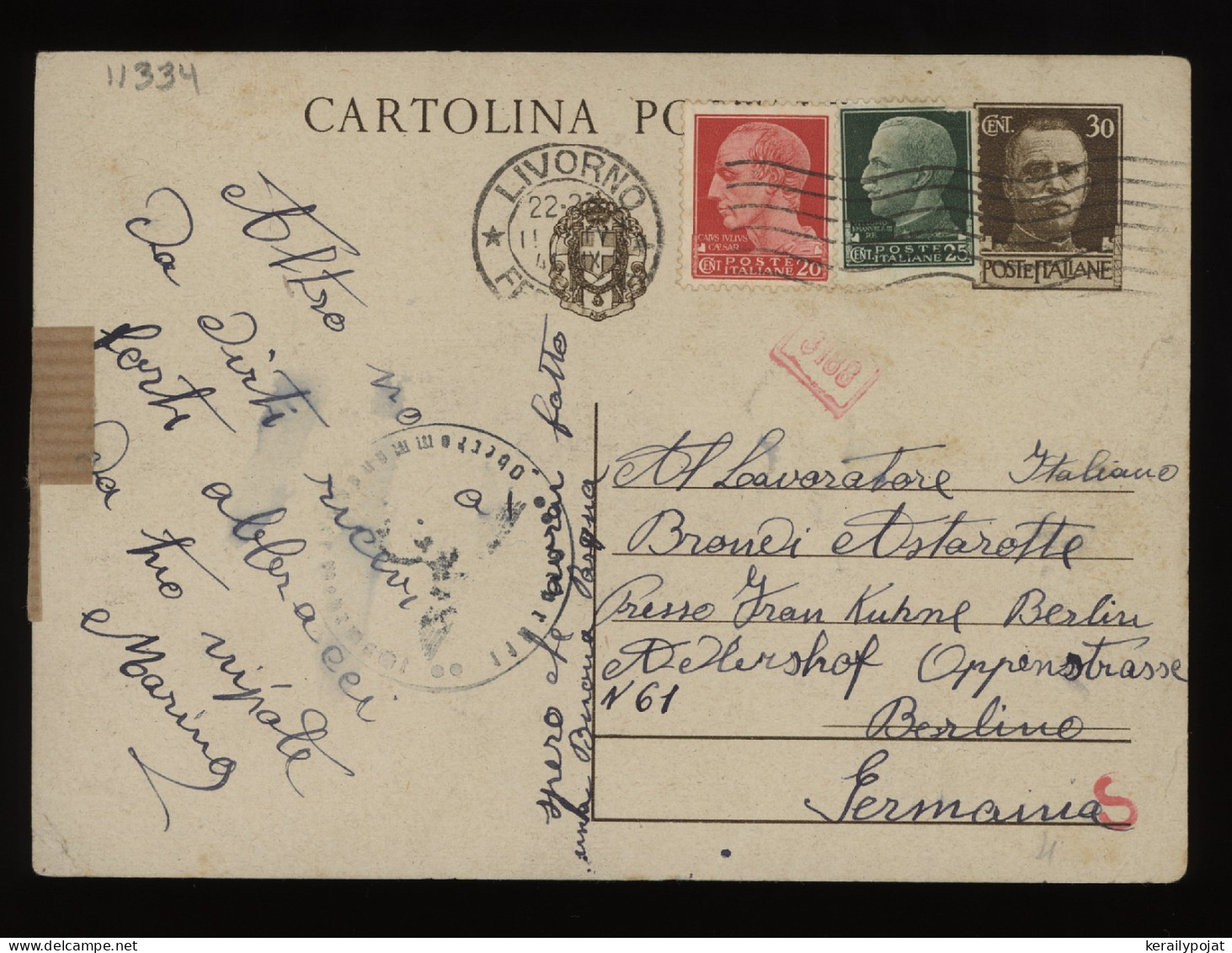 Italy 1941 Livorno Censored Stationery Card To Germany__(11334) - Ganzsachen