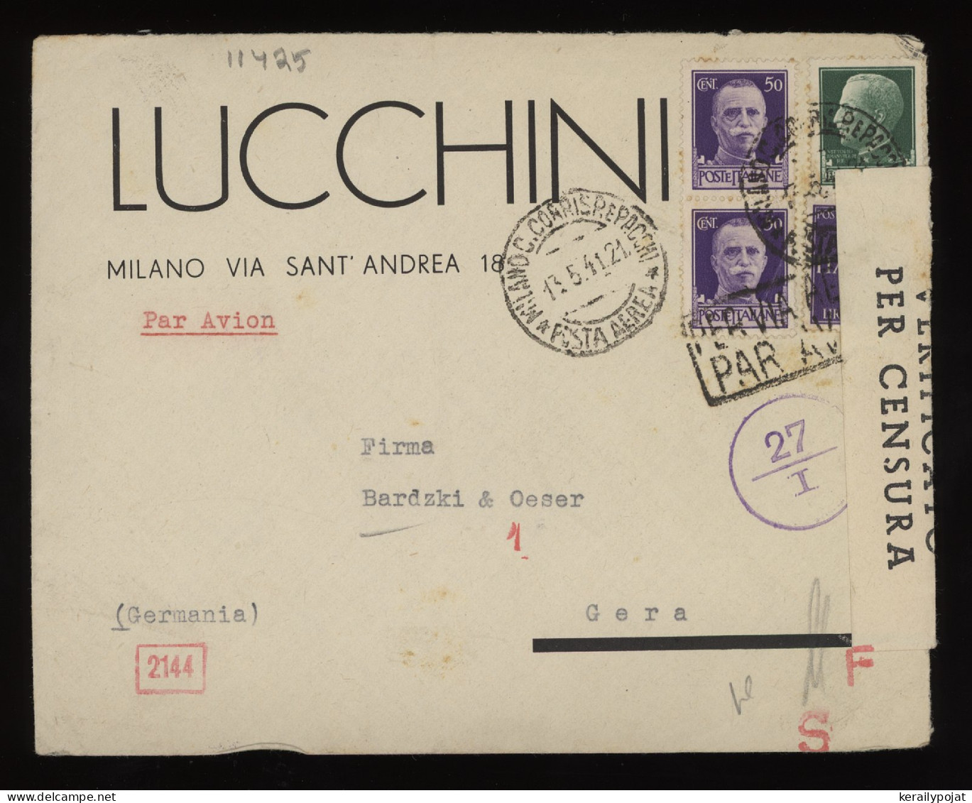 Italy 1941 Milano Censored Air Mail Cover To Gera__(11425) - Poste Aérienne