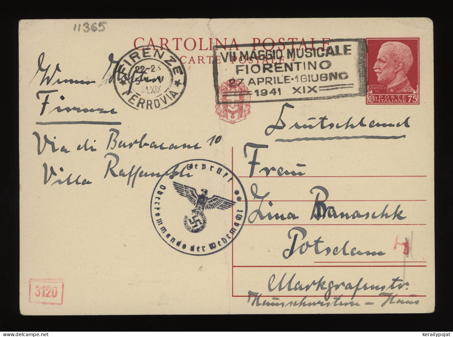 Italy 1941 Firenze Censored Stationery Card To Potsdam__(11365) - Ganzsachen