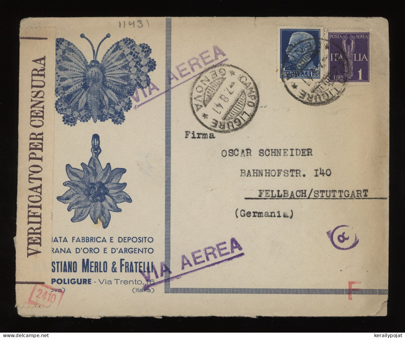 Italy 1941 Campo Ligure Censored Air Mail Cover To Germany__(11431) - Poste Aérienne