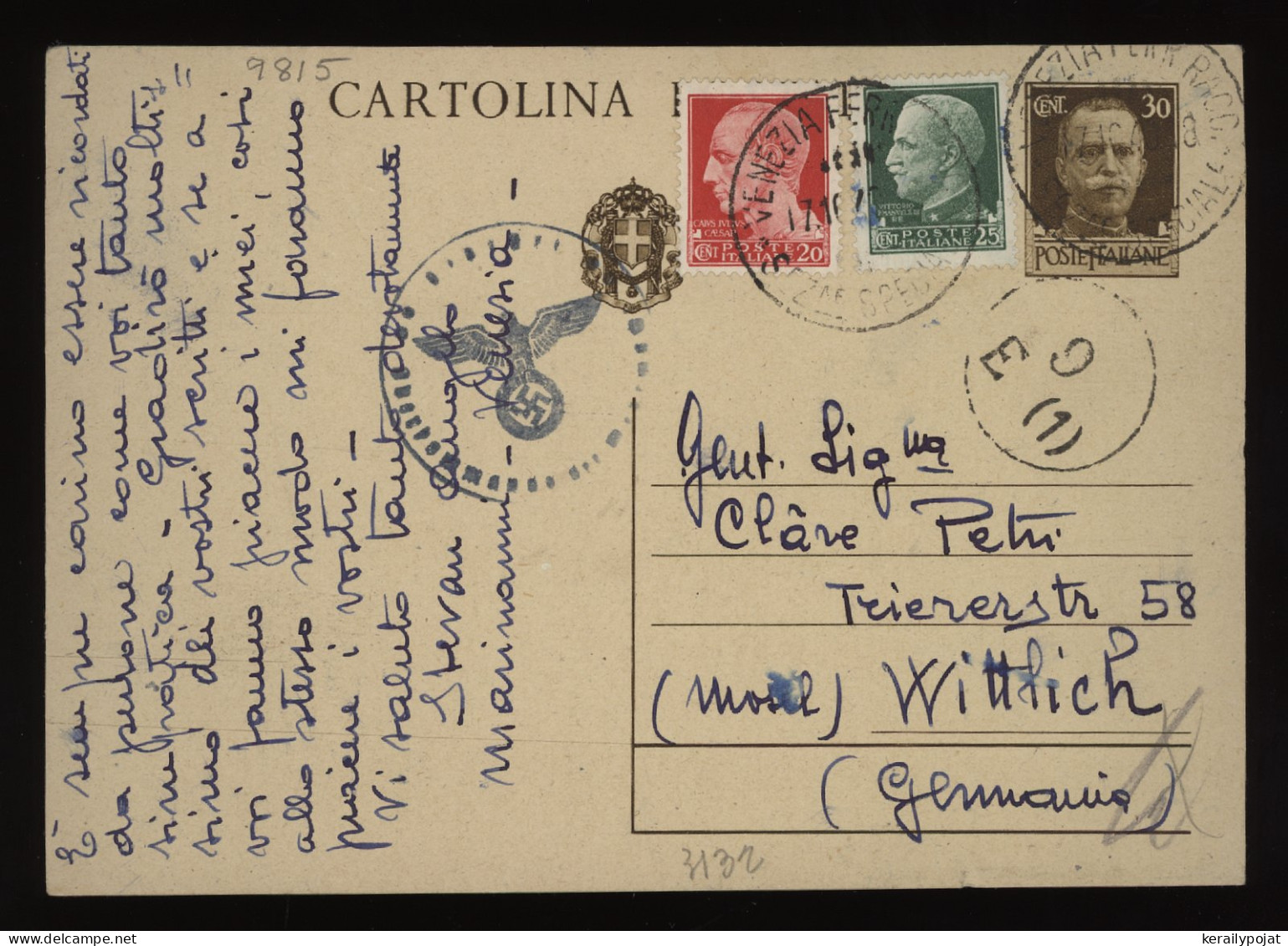 Italy 1940 Venezia Censored Stationery Card To Germany__(9815) - Ganzsachen