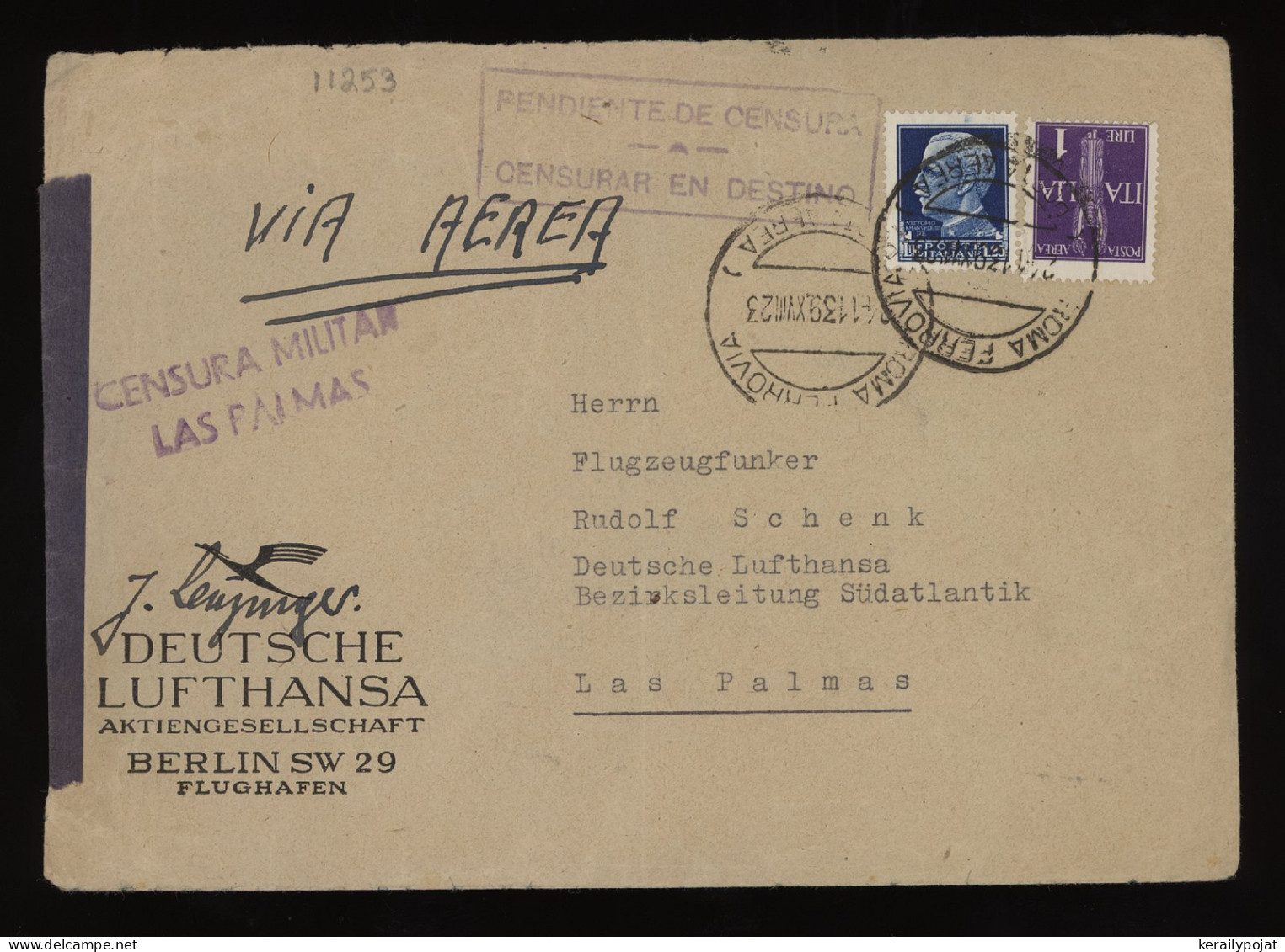 Italy 1939 Ferrovia Censored Air Mail Cover To Las Palmas__(11253) - Poste Aérienne