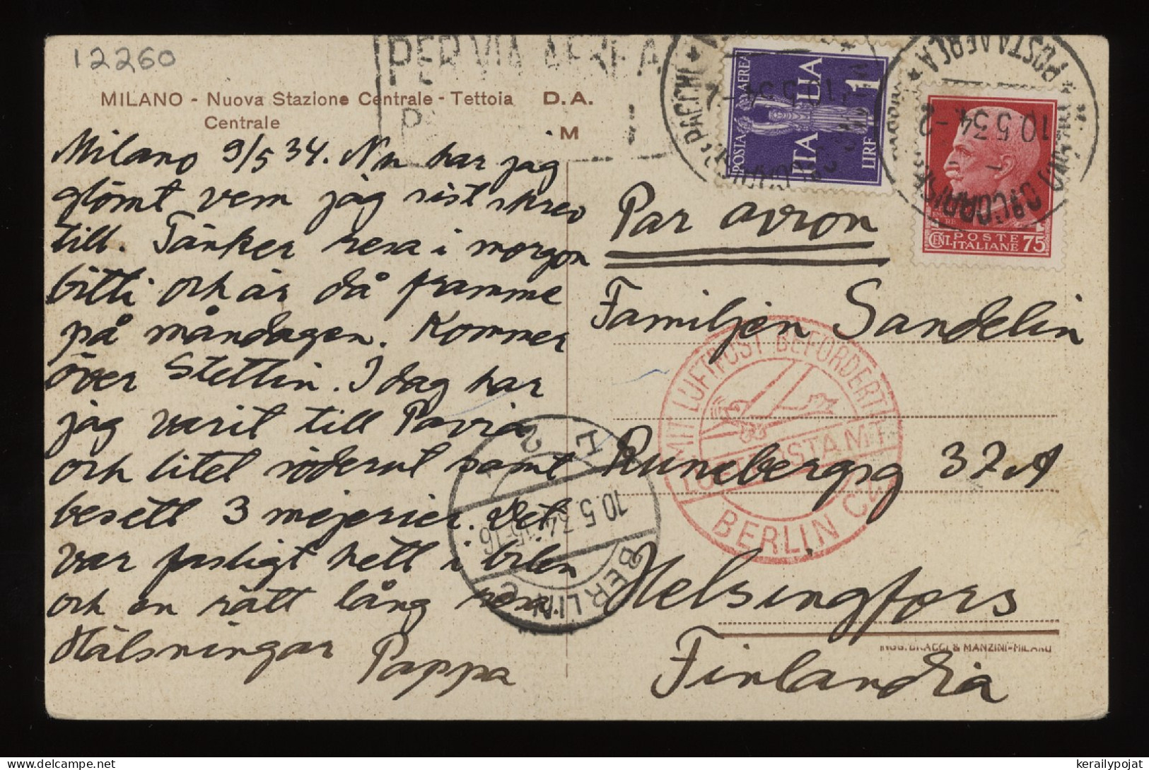 Italy 1934 Air Mail Card To Finland__(12260) - Poste Aérienne