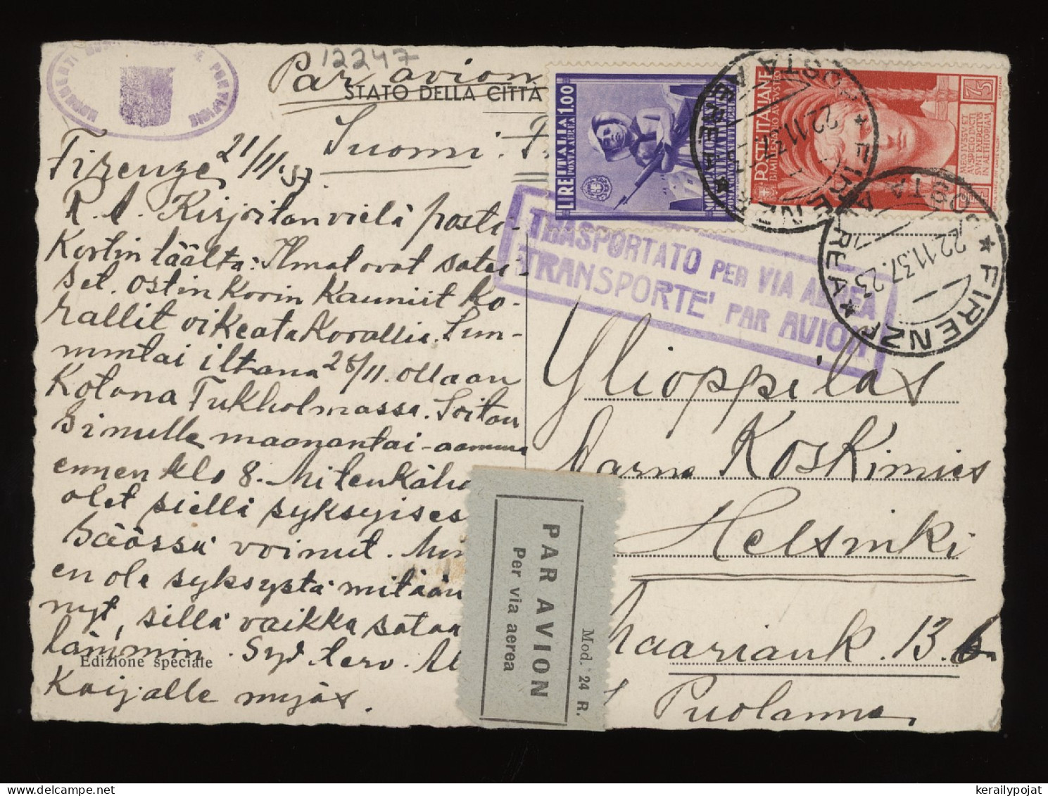 Italy 1937 Firenze Air Mail Card To Finland__(12247) - Poste Aérienne