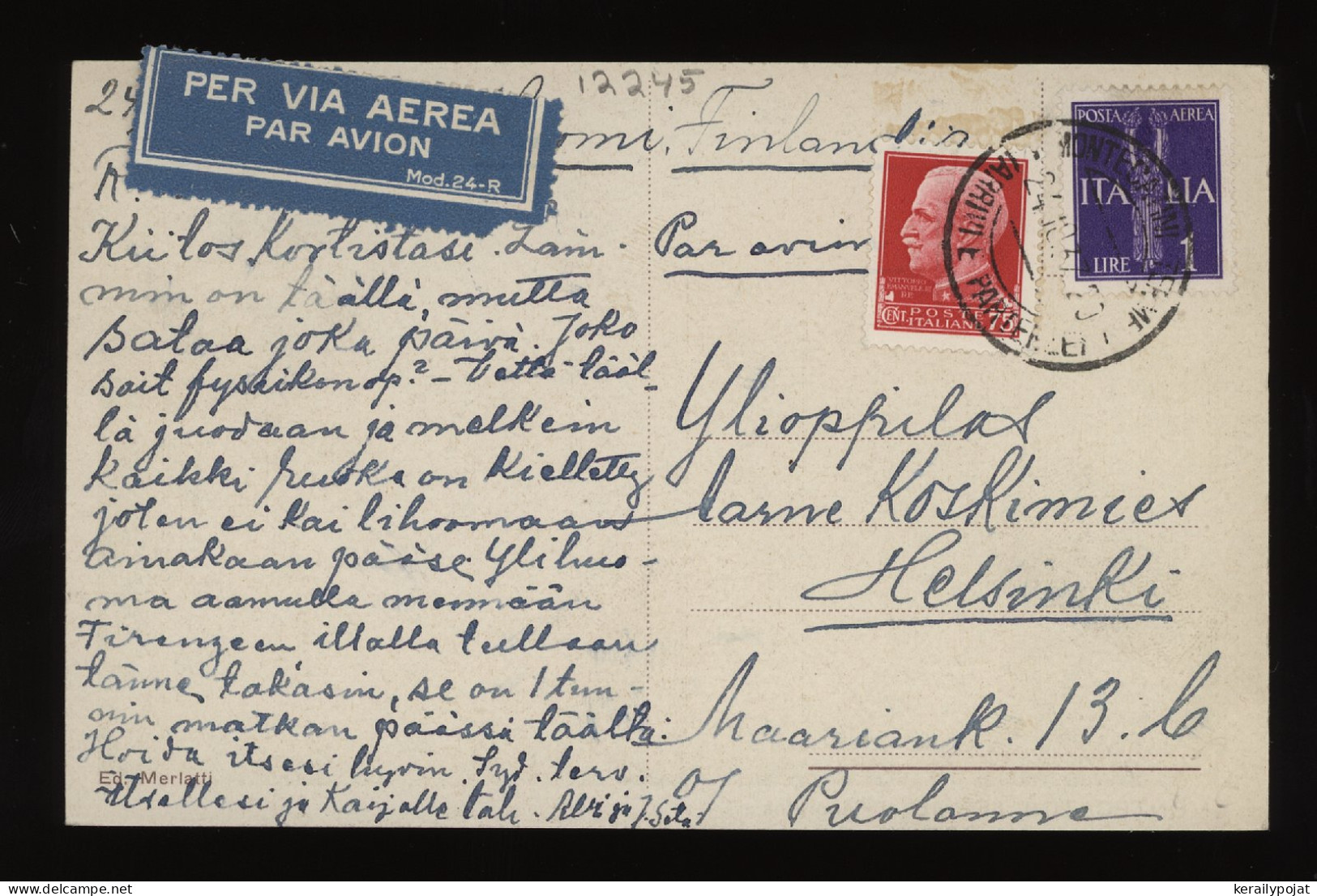 Italy 1937 Air Mail Card To Finland__(12245) - Poste Aérienne