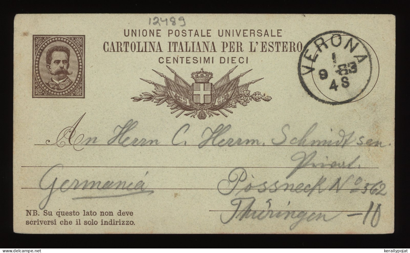 Italy 1883 Verona Stationery Card To Germany__(12489) - Stamped Stationery