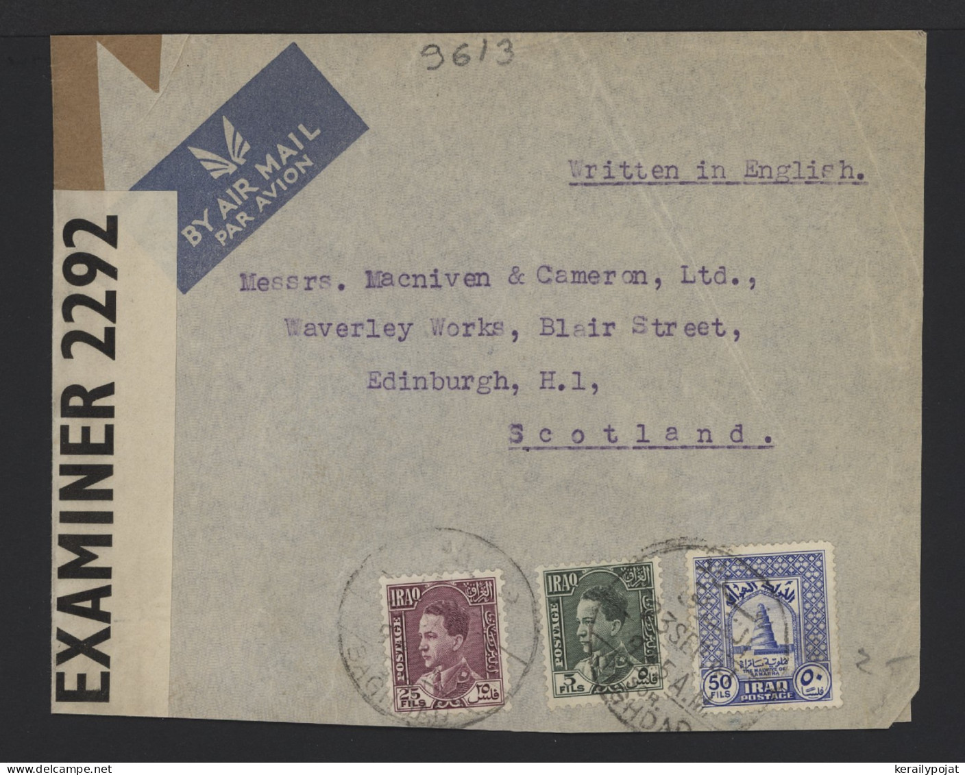 Iraq 1945 Censored Air Mail Cover Front__(9613) - Iraq