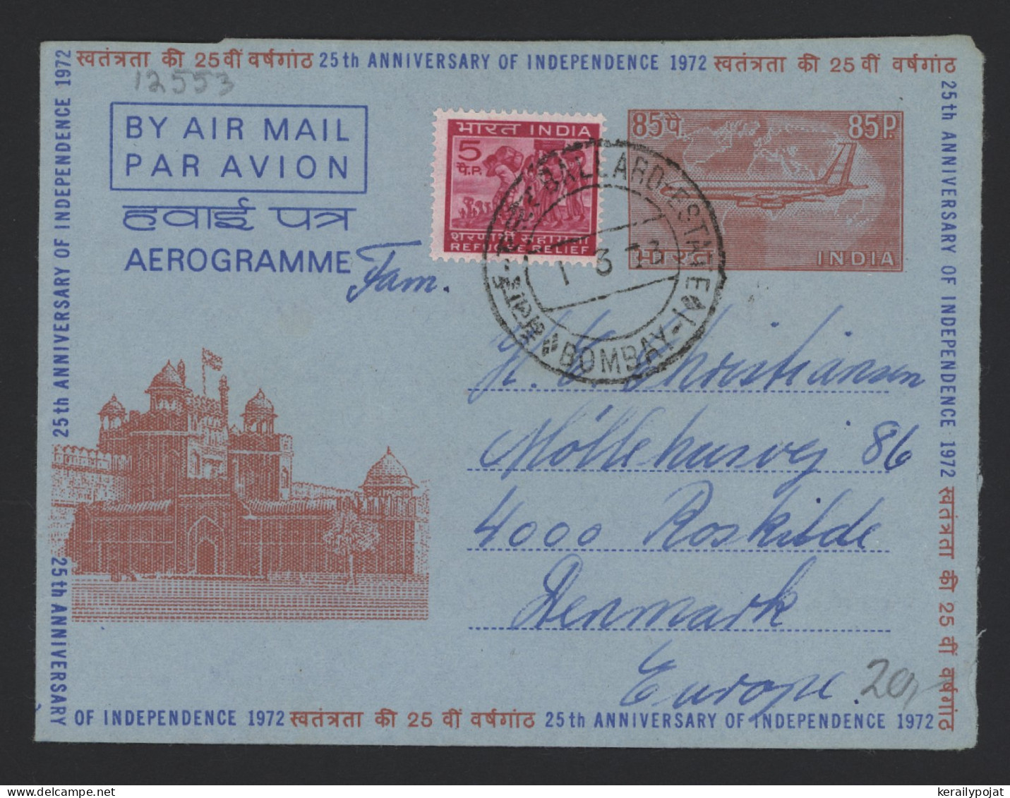 India 1973 Bombay Aerogrammer To Denmark__(12553) - Briefe U. Dokumente