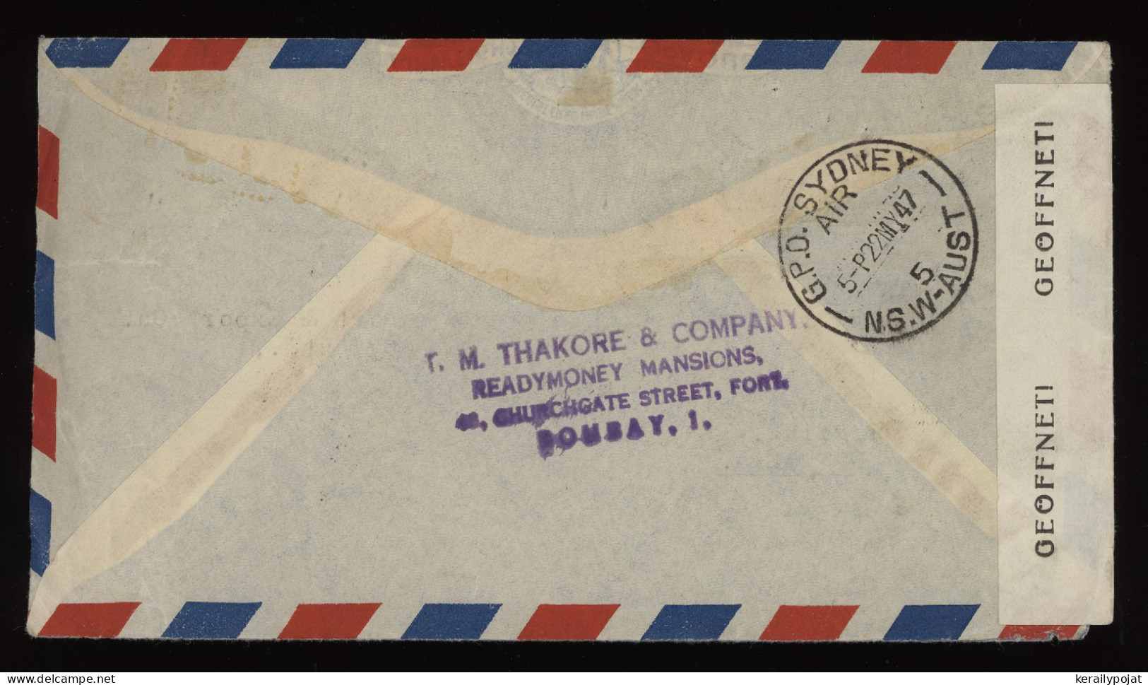 India 1947 Censored Air Mail Cover To Australia__(9660) - Poste Aérienne