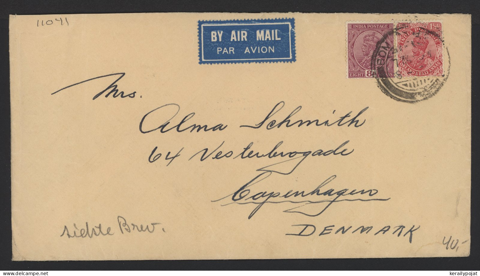 India 1932 Bombay Air Mail Cover To Denmark__(11041) - Posta Aerea