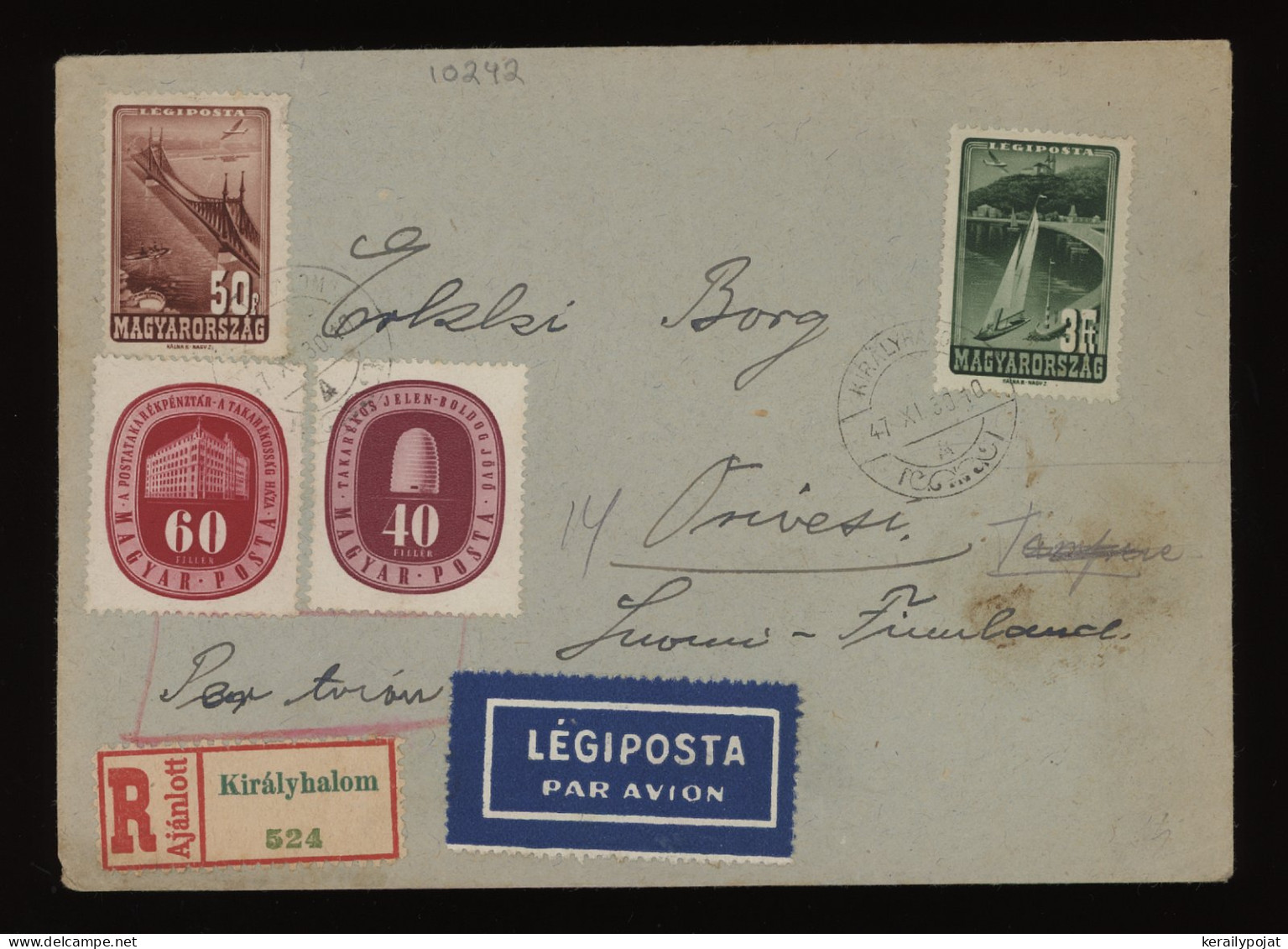 Hungary 1947 Kiralyhalom Censored Air Mail Cover To Finland__(10242) - Briefe U. Dokumente