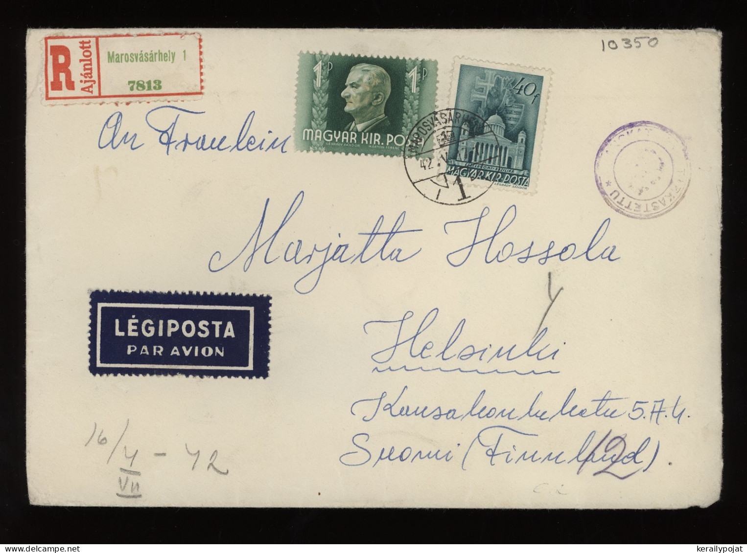 Hungary 1942 Marosvasarheyl Censored Air Mail Cover To Finland__(10350) - Covers & Documents