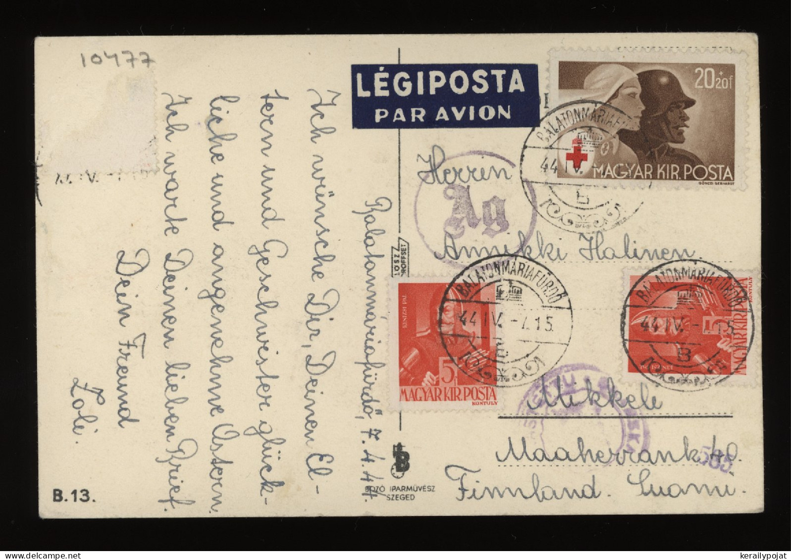 Hungary 1944 Balatonmariafurdo Censored Postcard To Finland__(10477) - Briefe U. Dokumente