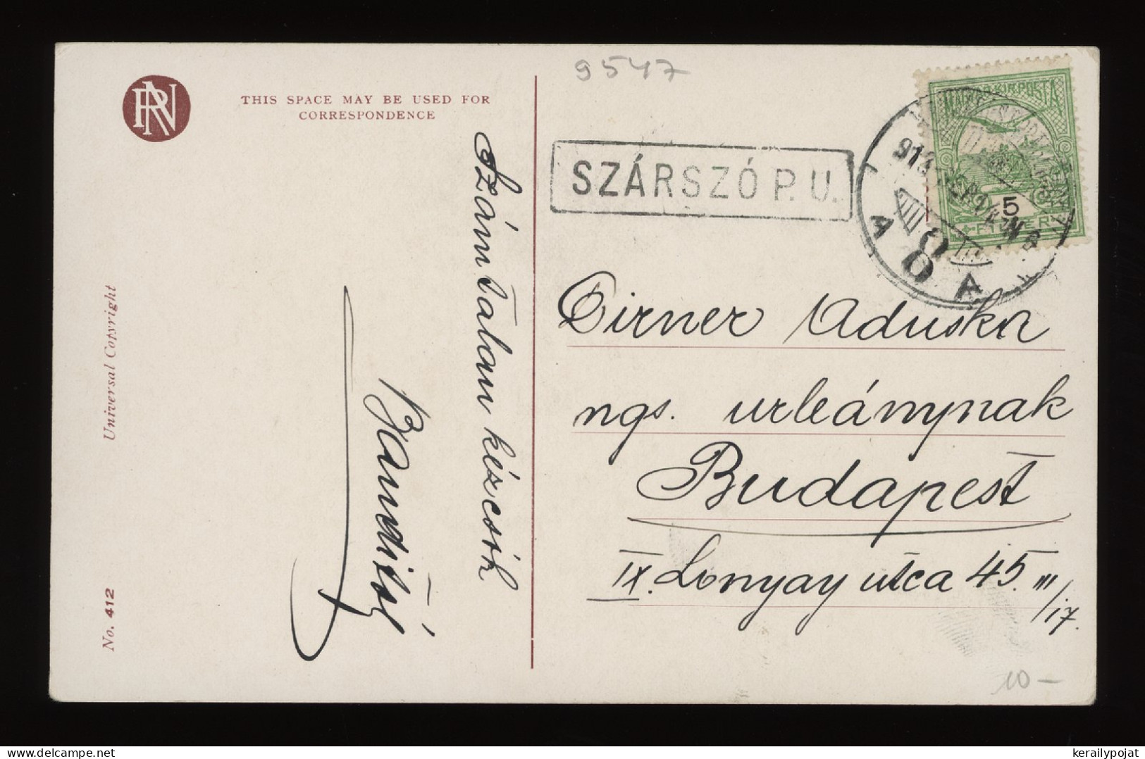 Hungary 1913 Szarszo Postcard To Budapest__(9547) - Storia Postale