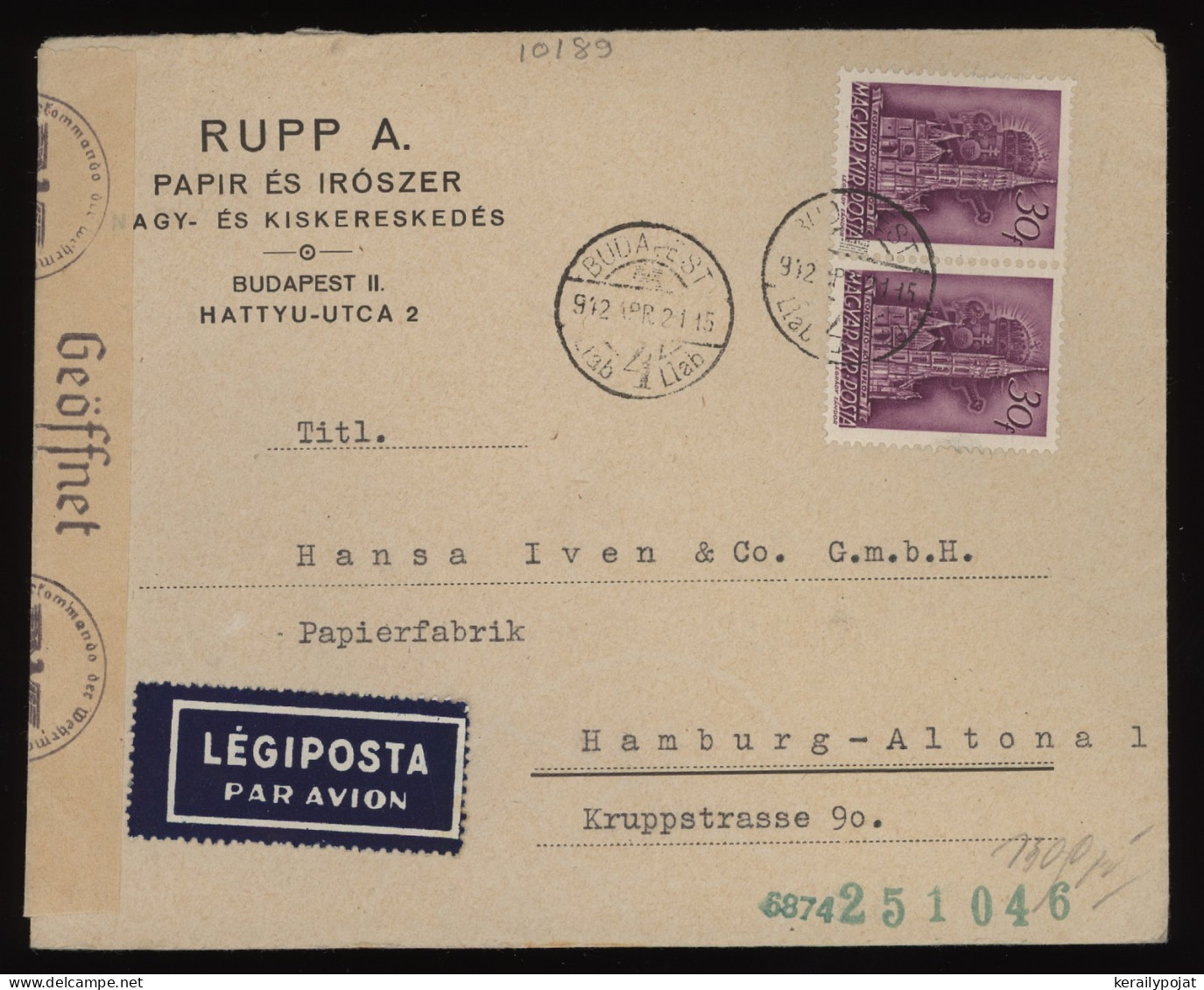 Hungary 1942 Budapest Censored Air Mail Cover To Hamburg__(10189) - Brieven En Documenten