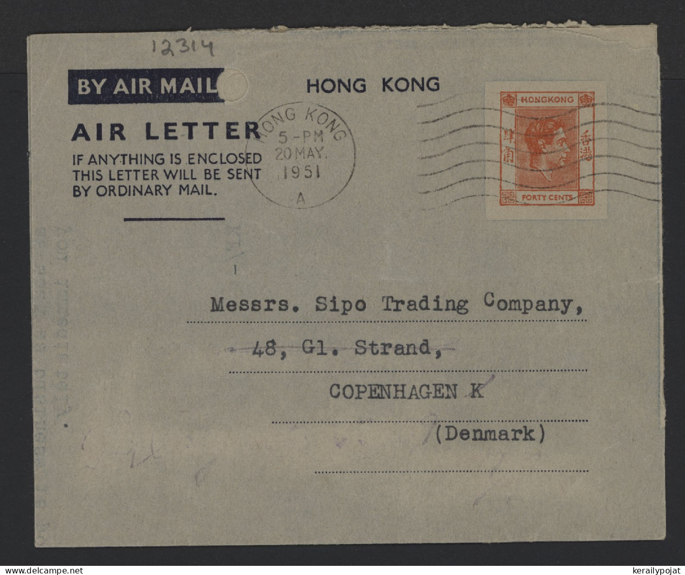 Hong Kong 1951 Air Letter To Denmark__(12314) - Storia Postale