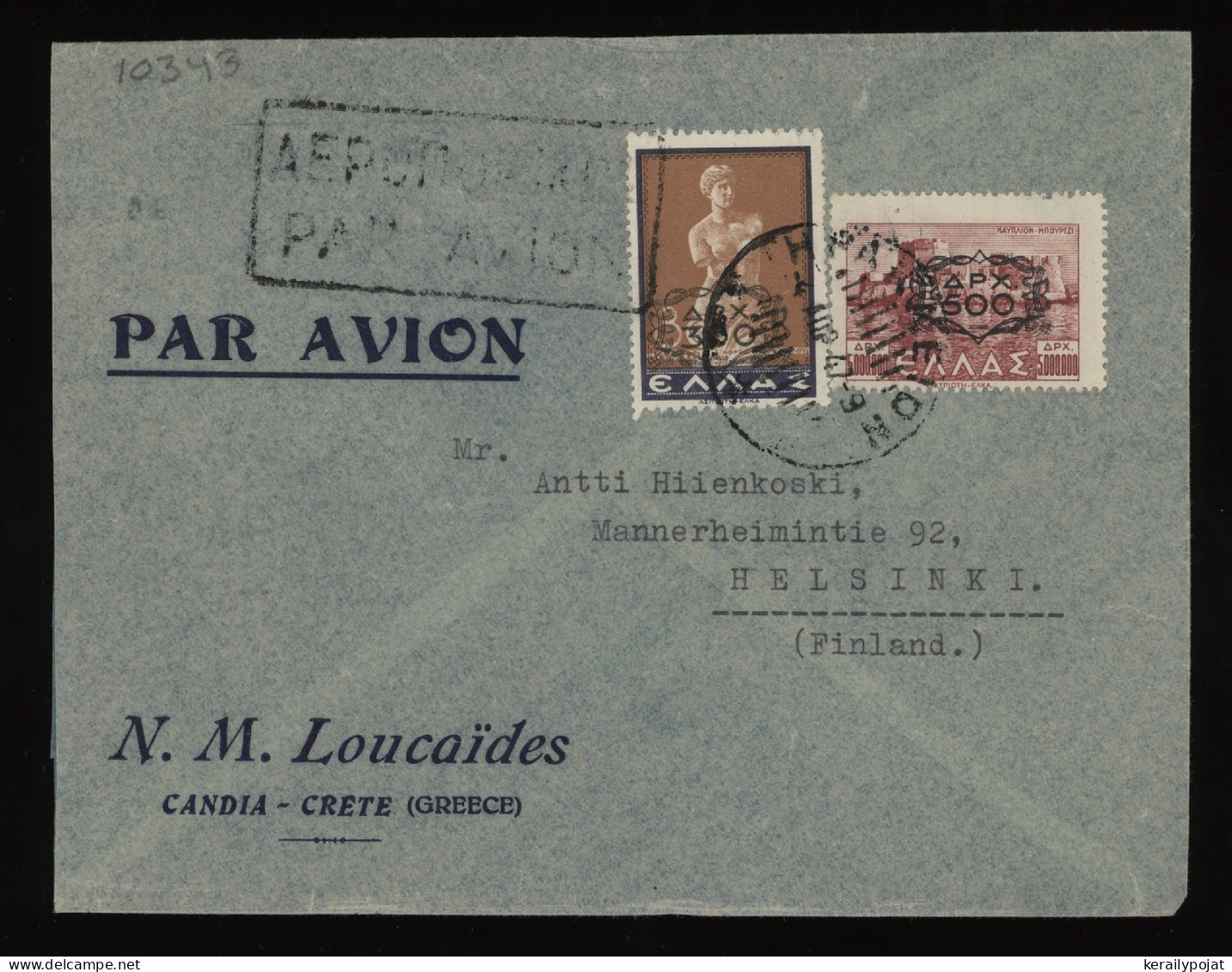 Greece 1949 Candia Air Mail Cover To Finland__(10343) - Cartas & Documentos