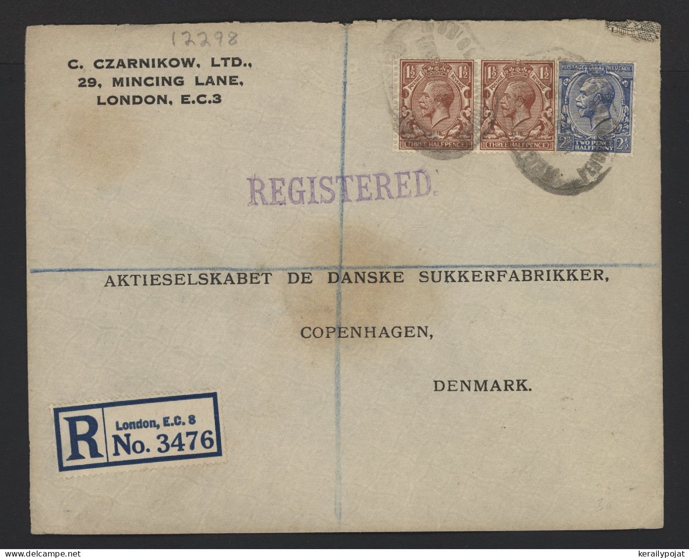 Great Britain 1917 London Registered Cover To Denmark__(12298) - Lettres & Documents