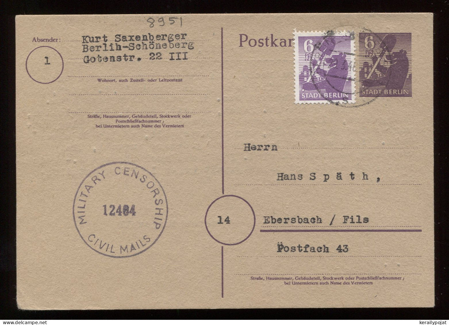 Germany Stadt Berlin 1943 Berlin Stationery Card To Ebersbach__(8951) - Berlin & Brandenburg